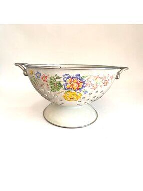 Vintage Kobe Enamelware Floral Colander Footed Enamel Strainer
